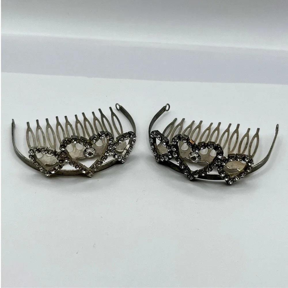 Vintage Silver Tone Hair‎ Combs Rhinestone Heart Tiara Bridal Wedding Set of 2